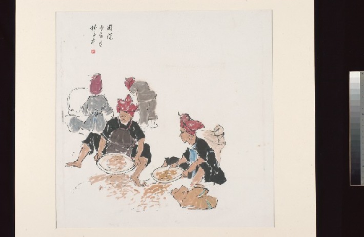 Lim Tze Peng’s 1976 painting Untitled (Samsui Women), depicts the subjects in the trademark red hats, panning for raw materials.